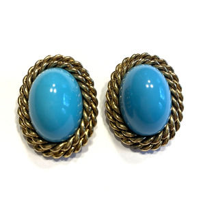 Chunky Y2K Goldtone Clip On Earrings Oval Rope Texture Blue Domed Center Bead